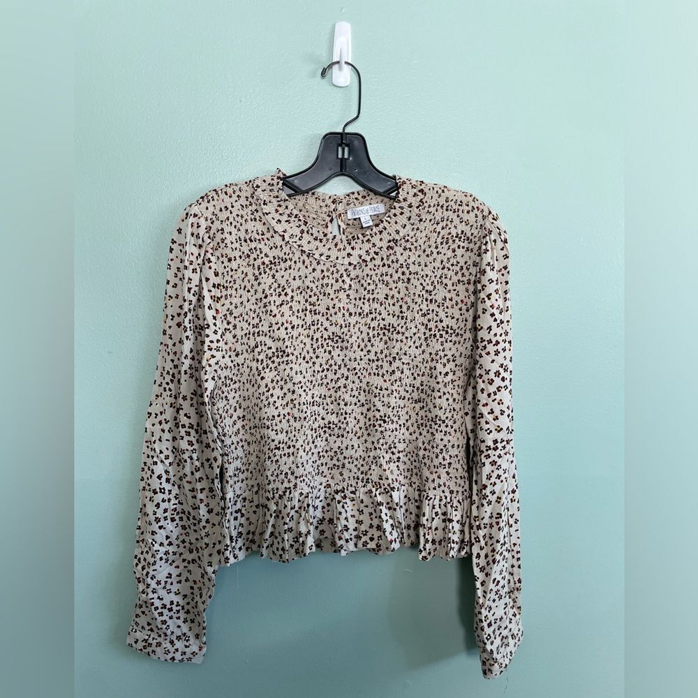 Patrons of Peace Tan Floral Smocked Ruffle Long Sleeve Crop Top Large